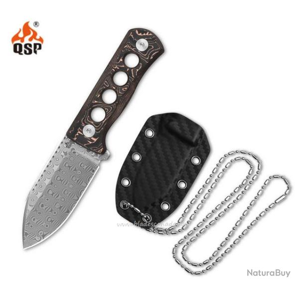 Couteau de Cou QSP Canary Damas Manche Cuivre/Fibre de Carbone Etui Kydex QS141F