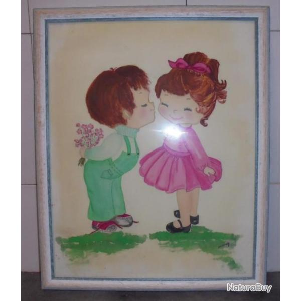 MARCY GRAND TABLEAU DESSIN AQUARELLE ENFANT BISOU DLG " AMOUREUX DE PEYNET "