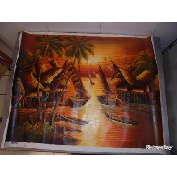 ANCIEN GRANDE PEINTURE A L'HUILE SUR TOILE PAYSAGE AFRICAIN ILES 82.5 x 63.5cm