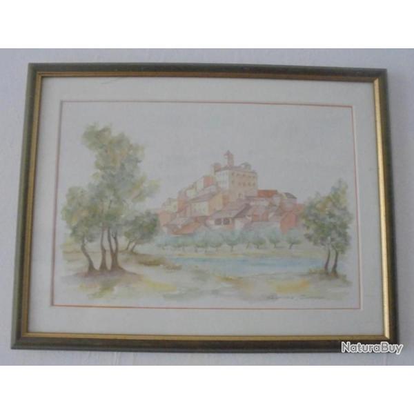 CORINNE CUNNAC DESSIN AQUARELLE ENCADR�E SOUS VERRE PAYSAGE VILLAGE