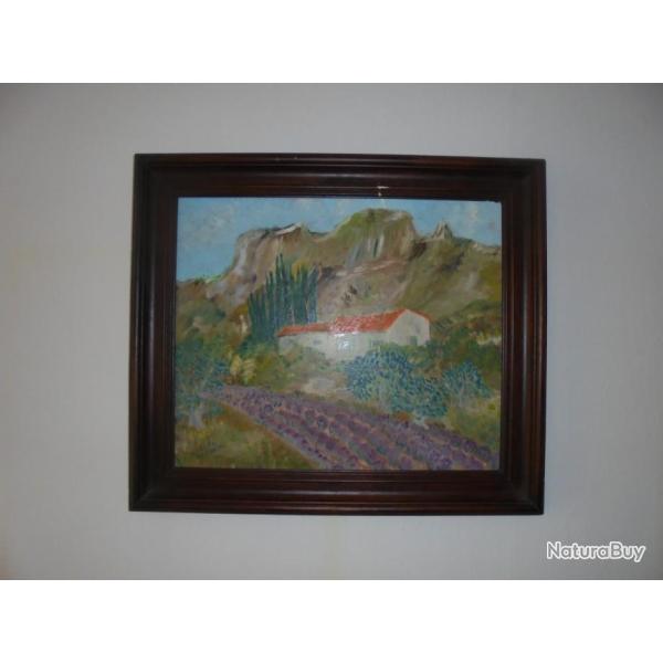 TABLEAU PEINTURE A L'HUILE MAS PROVEN�AL CHAMPS DE LAVANDE Sign�
