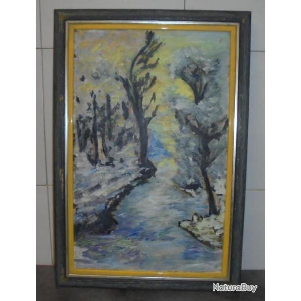 TABLEAU PEINTURE A L'HUILE PAYSAGE RIVIERE FORET 39cm x 57.5cm