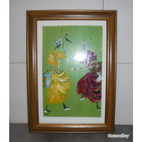 TABLEAU PEINTURE DANSEUR MUSICIEN AFRICAIN SIGN� Encadr� sous-verre 35cm x 25cm