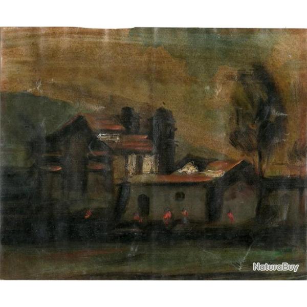 ANCIEN PEINTURE A L'HUILE PAYSAGE VILLAGE COULEUR SOMBRE 25.5cm x 21cm