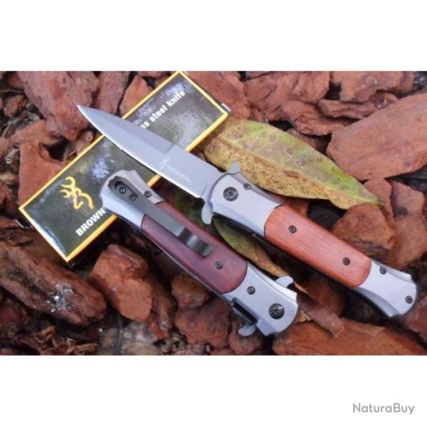 Couteau Pliant Lame Fine Droite Acier 10 cm Manche Bois 13 cm Outdoor