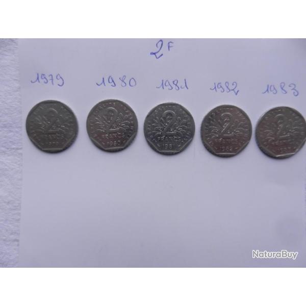 lot de 5 pi�ces de 2 francs ann�e 1979 � 1983