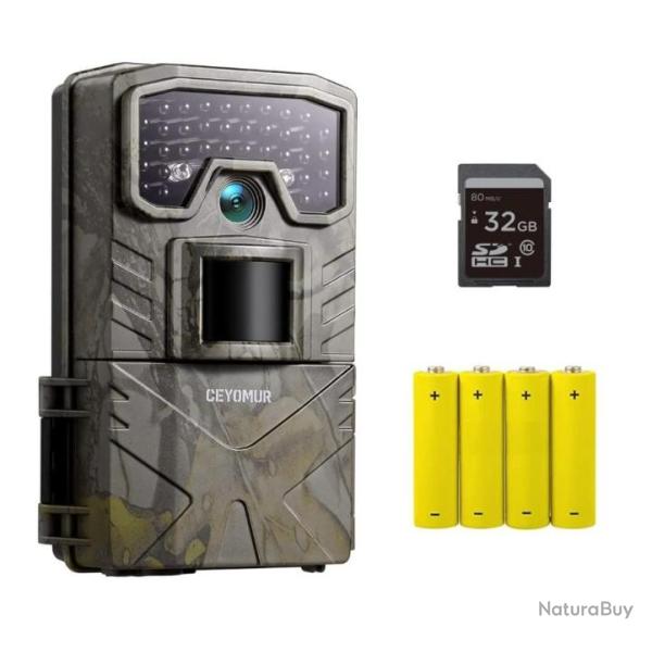 Camra de Chasse Surveillance 20MP 1080P avec Carte 32G et 4 Piles tanche Active par le Mouvement