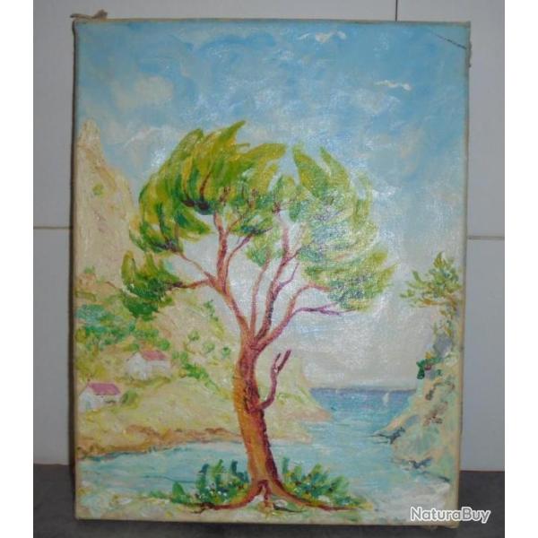 TABLEAU PEINTURE HUILE SUR TOILE MARINE CALANQUE CRIQUE ARBRE 2003 - 35cm x 27cm