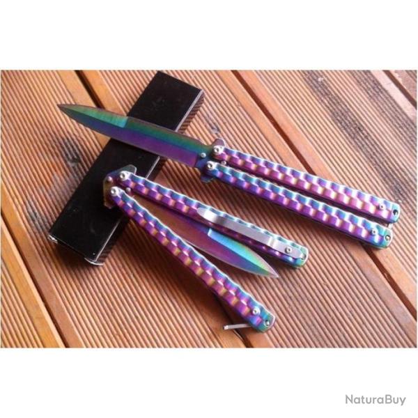 Couteau Papillon Balisong Style Titane 23 Cm Lame Acier Inoxydable Manche En Acier Tactique