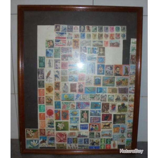 CADRE LOT COLLECTION DE TIMBRE EN VRAC FRANCE - PAYS DU MONDE 53X43cm PHILATELIE