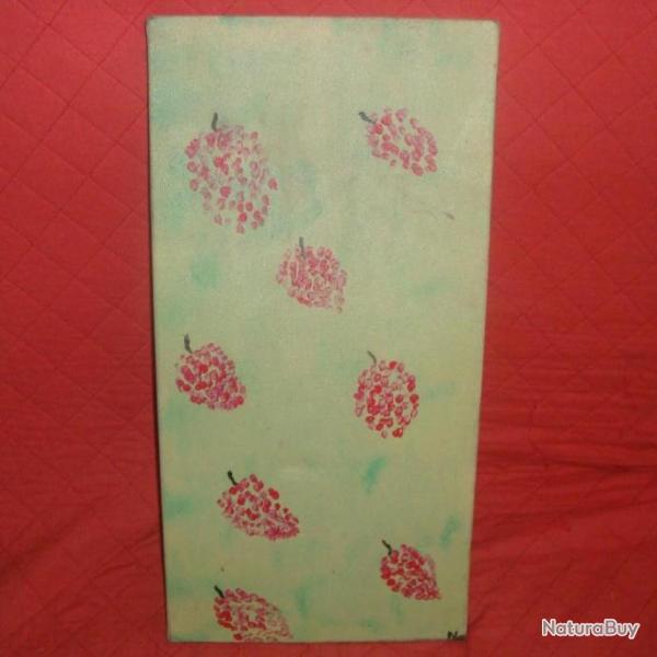 ANCIEN TABLEAU PEINTURE SUR TOILE " FRAMBOISE SUR FOND VERT " 60 x 30 cm Tampons
