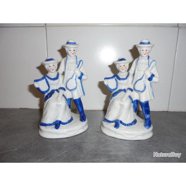 LOT VINTAGE R�TRO PAIRE DE STATUETTE FIGURINE C�RAMIQUE COUPLE GALANT MUSICIEN