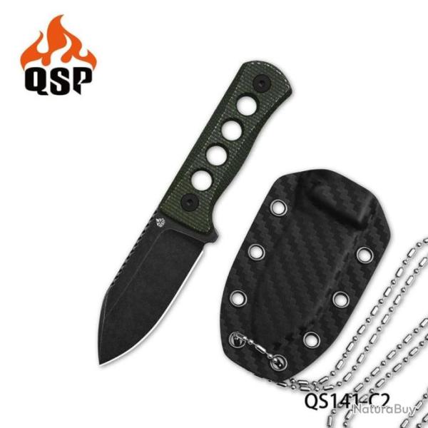 Couteau de Cou QSP Canary Green Lame Acier 14C28N Manche Micarta Etui Kydex QS141C2