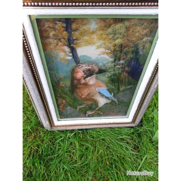 UNIQUE PEINTURE D UN GEAI SUR VERRE INVERSE OU PEINTURE SOUS VERRE . RENDU MAGNIFIQUE .
