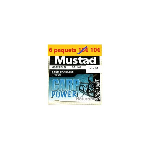 LOT DE 6 PAQUETS de 10 Hame�ons MUSTAD CARP POWER HOOKS (Barbless - Eyed)
