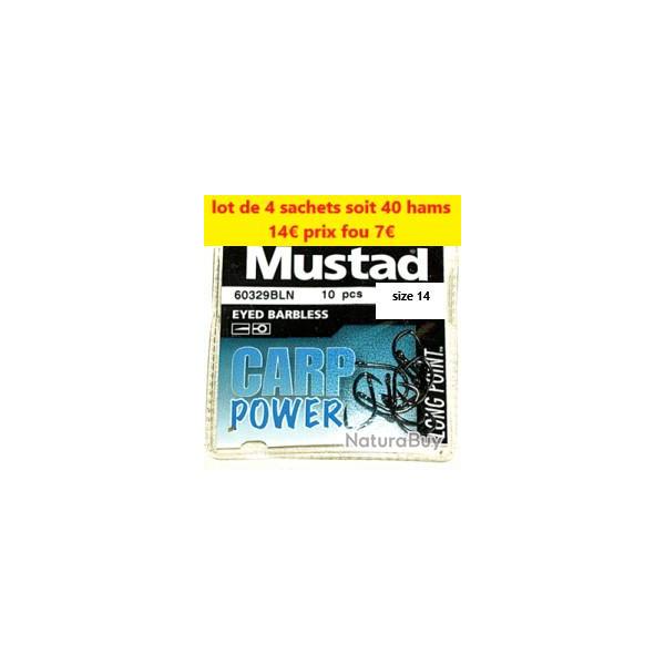 LOT DE 4 PAQUETS de 10 Hame�ons  MUSTAD CARP POWER HOOKS (Barbless - Eyed) taille 14 x2 8x1 12x1
