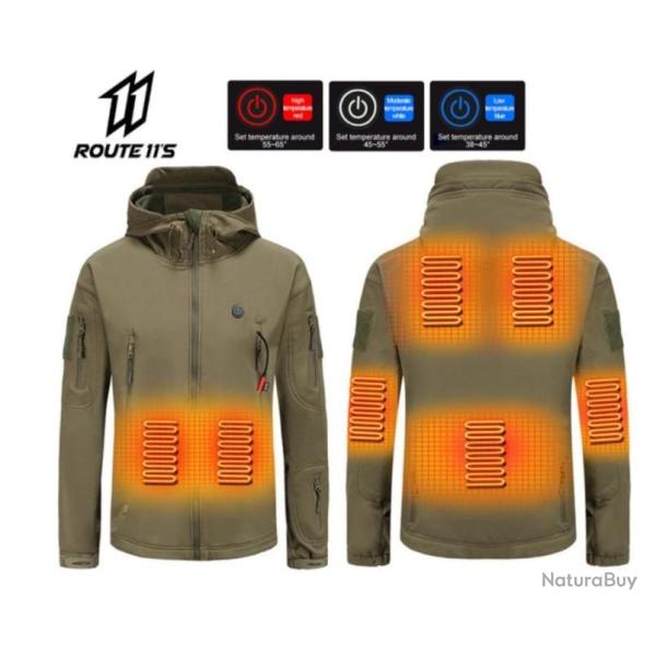 Veste De Chasse SOFTSHELL Chauffante coloris VERT ARM�E 7 Zones Chauffantes  USB