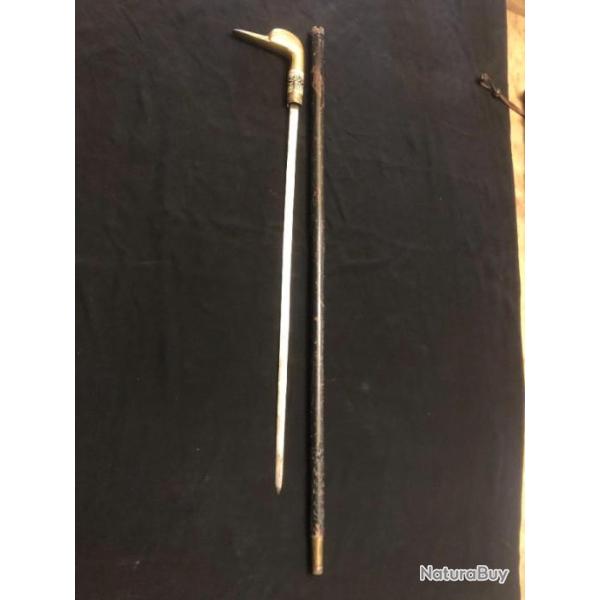 canne epee pommeau bronze en forme de tete de canard