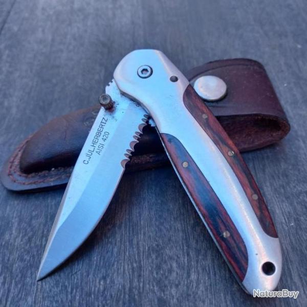 Ancien Couteau Pliant C.JUL.HERBERTZ Manche en Bois et m�tal avec �tui en cuir marron