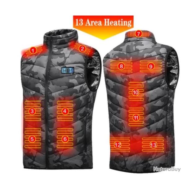 Veste CHAUFFANTE CAMOUFLAGE sans manche 13 Zones Chauffantes  USB.....Avec sa batterie