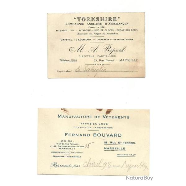 LOT 2 CARTE DE VISITE MANUFACTURE V�TEMENTS / Cie D'ASSURANCE MARSEILLE 1920