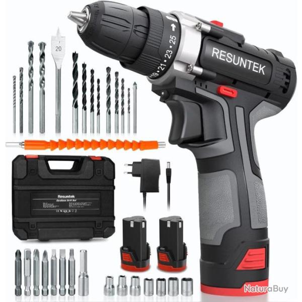 Perceuse Visseuse Sans Fil 28N 2 Batteries 3900 mAh 12V Mandrin Auto-Serrant 10mm Chargeur Kit 31Pcs