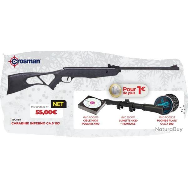 PACK CARABINE CROSMAN INFERNO RESSORT CAL.4.5 10J+LUNETTE 4X20 + PLOMBS + CIBLES