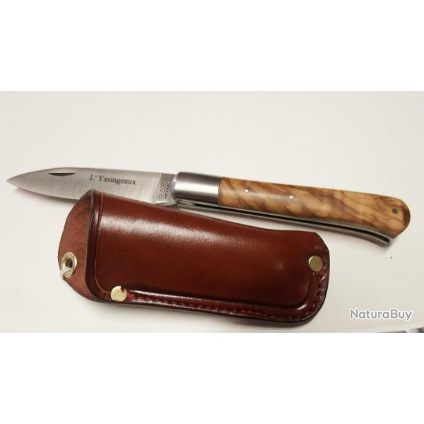 Couteau pliant r�gional l' YSSINGEAUX, manche olivier , lame inox , avec pochette cuir