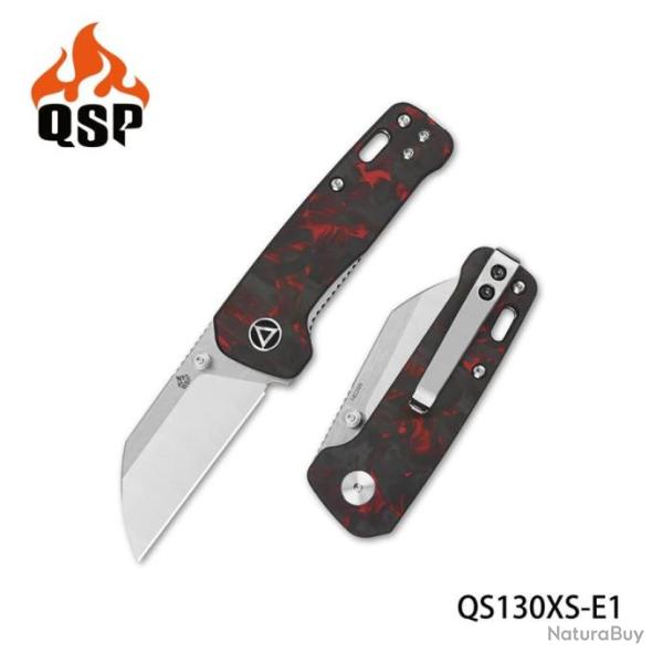Couteau QSP Mini Penguin Red Lame Acier 14C28N Satin Manche FCarbone IKBS Linerlock Clip QS130XSE1