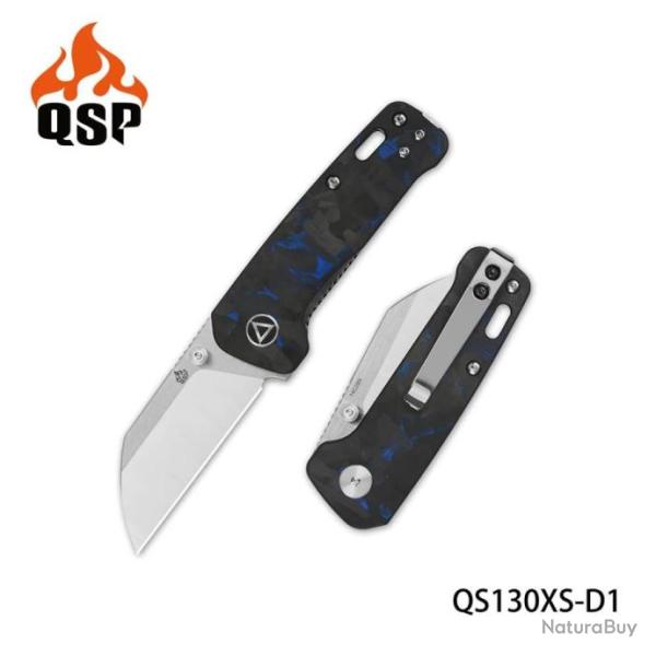 Couteau QSP Mini Penguin Blue Lame Acier 14C28N Satin Manche FCarbone IKBS Linerlock Clip QS130XSD1