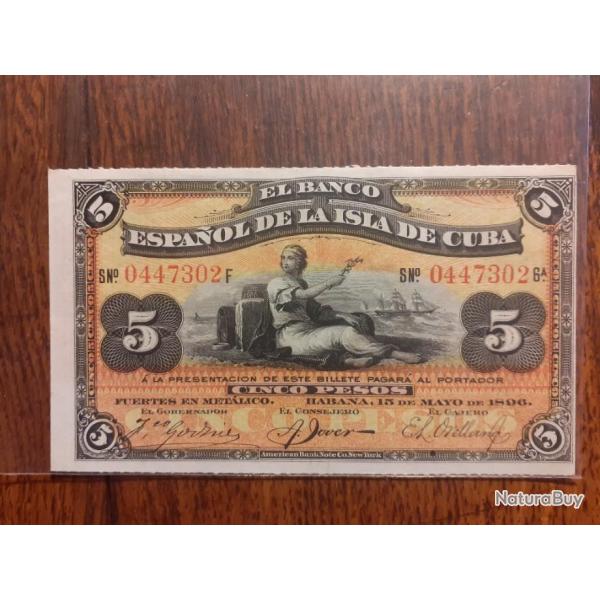 Cuba . 5 pesos 15 mai 1896 proche du neuf