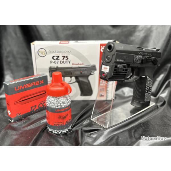 PACK PISTOLET GBB CZ 75 P07 DUTY 4.5 CO2-BBS ASG+ BILLES ACIER+CAPSULE CO2+LASER