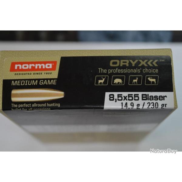 1 BOITE DE 20 CARTOUCHES NORMA CALIBRE 8.5X55 BLASER EN ORYX 14.9 G NEUVE