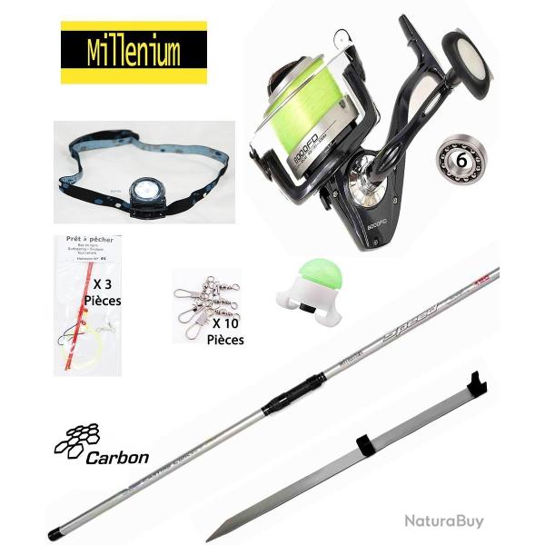 Pack p�che Surf complet, canne Carbone 4M20 + Moulinet 6 roulements + pique surf + accessoires