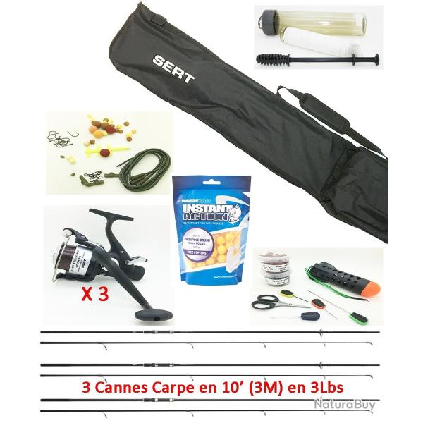Pack complet Carpe batterie, 3 Cannes 10' (3m) + 3 Moulinets d�brayable garni + Fourreau +accessoire