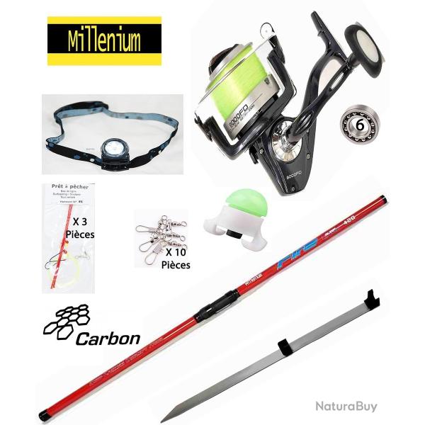 Pack p�che Surf complet, canne Carbone 4M20 + Moulinet 6 roulements + pique surf + accessoires