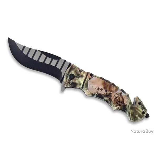 Couteau pliant camo soldats brise vitre et coupe ceinture lame 10cm