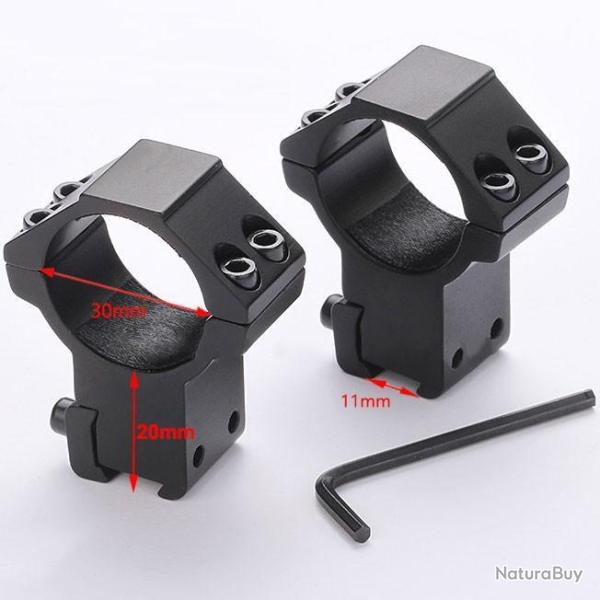 DESTOCKAGE Colliers Fixation Diam 30mm Rail 11mm Anti Recule Lunette Viseur Scope