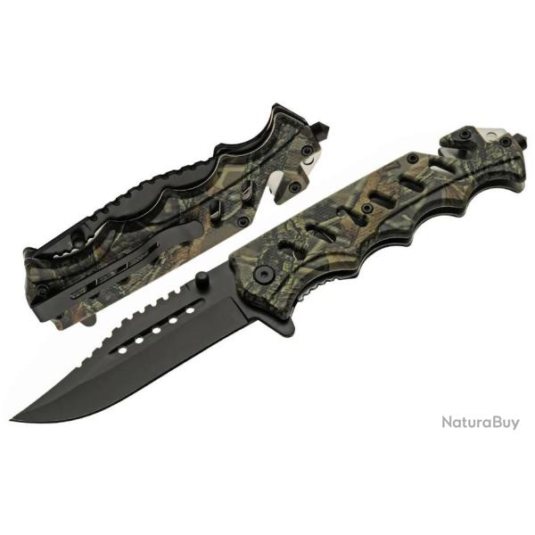 Couteau Tactical Rescue A/O Lame Acier Inox Manche Camo Coupe Ceintures Brise Vitres CN300553CM