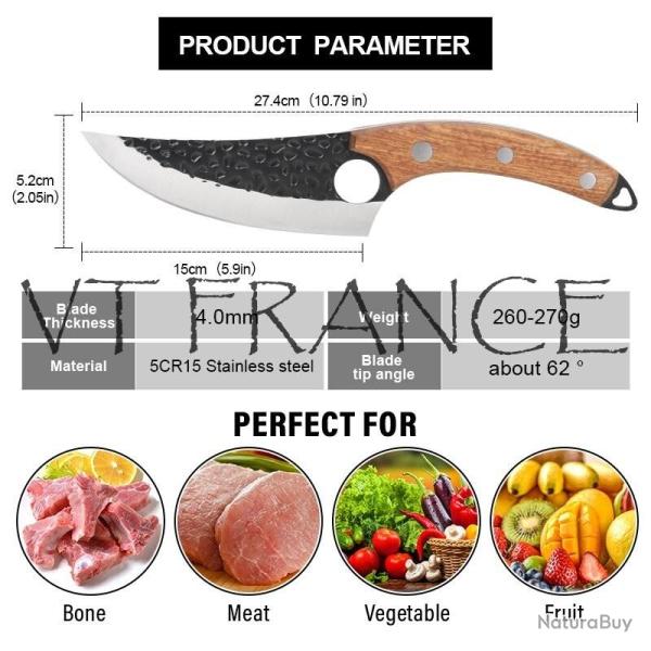 Couteau Chasse Cuisine Boucher Forge Main-Marron + Etui