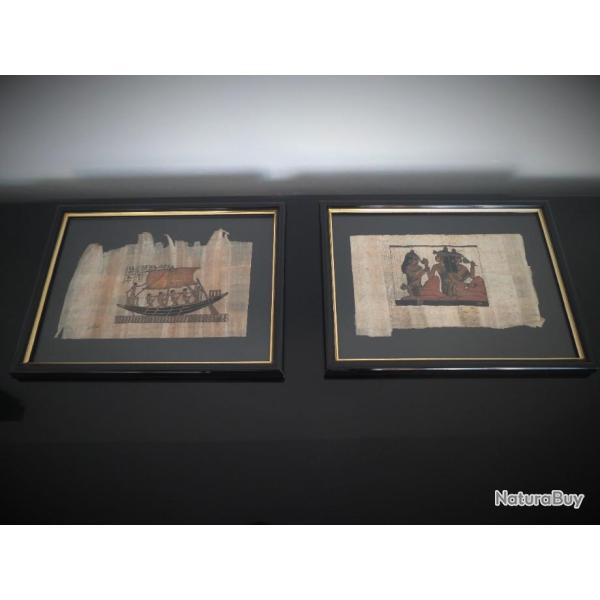 Paire de papyrus encadr�s sous verre ann�es 80-Sous-verre encadrement laqu� noir-motifs Egyptiens
