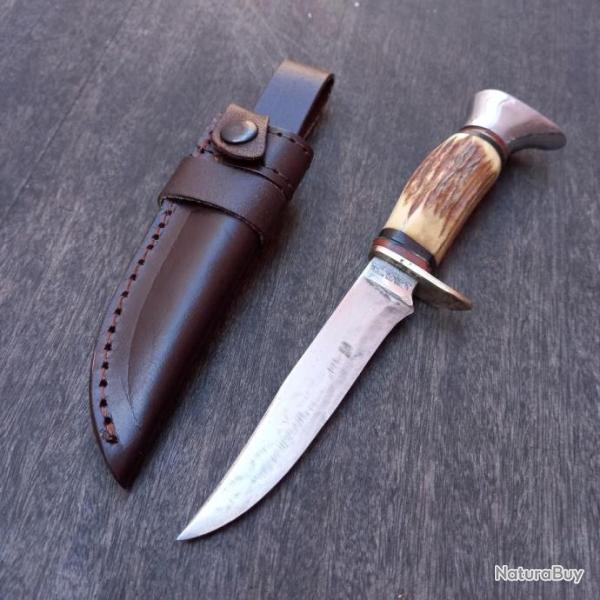 Ancien Couteau de Chasse ALLEMAND RICH.ABR.HERBER SOLINGEN Manche en Bois de Cerf avec �tui en cuir