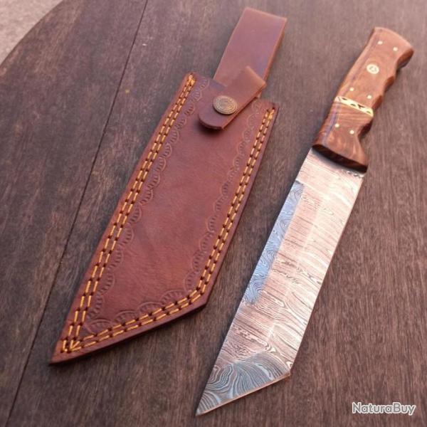 Beau et Grand Couteau Damas TANTO Manche en Bois avec �tui en cuir marron