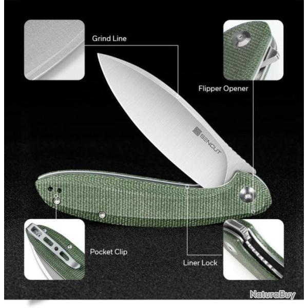 Couteau SENCUT San Angelo Green Manche Micarta Lame Acier 9Cr18MoV IKBS S210033