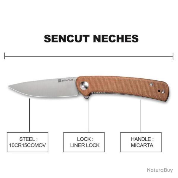 Couteau SENCUT Neches Brown Manche Micarta Lame Satin Acier�10Cr15CoMoV IKBS Linerlock Clip�SA09D -