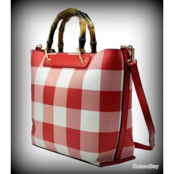 Sac � main carreaux blancs et noir-Blancs et rouges-anses style Bambou neuf-Id�al Pique-nique