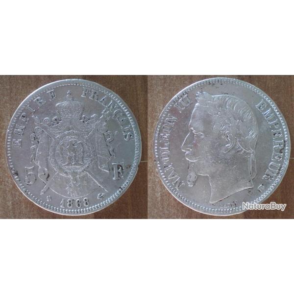 France 5 Francs 1868 BB Atelier Strasbourg Piece Argent Ecu Piece Frcs Frs Frc