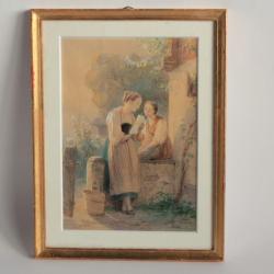 Aquarelle originale Édouard GIRARDET Jeunes filles à la fontaine 1871