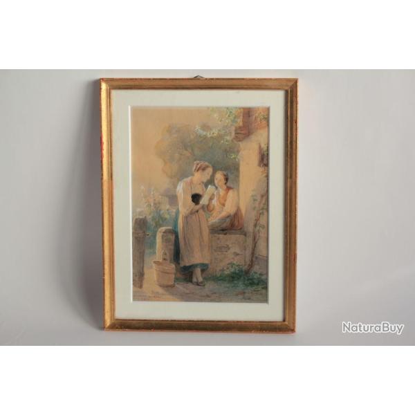 Aquarelle originale douard GIRARDET Jeunes filles  la fontaine 1871