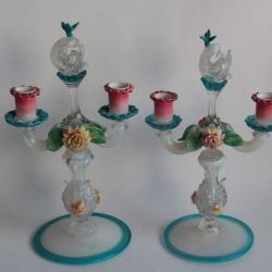 MURANO Paire Candélabres verre soufflé polychrome Dauphins 1940